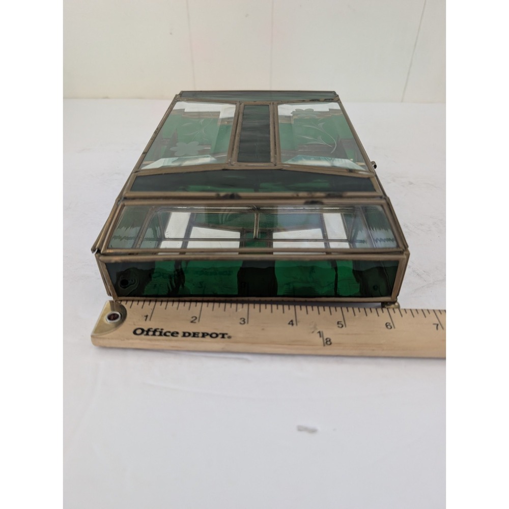 Jewelry Box Etched Floral Stained Glass Green Clear Vintage Glass Trinket FLAW - Picture 12 of 16